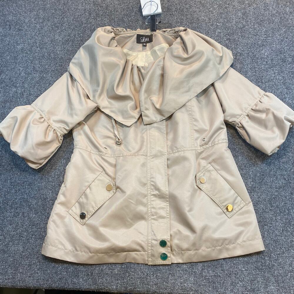 Luii Women Medium Beige Oversized Ruffle Collar Bell Sleeve Jacket Full Zip Snap